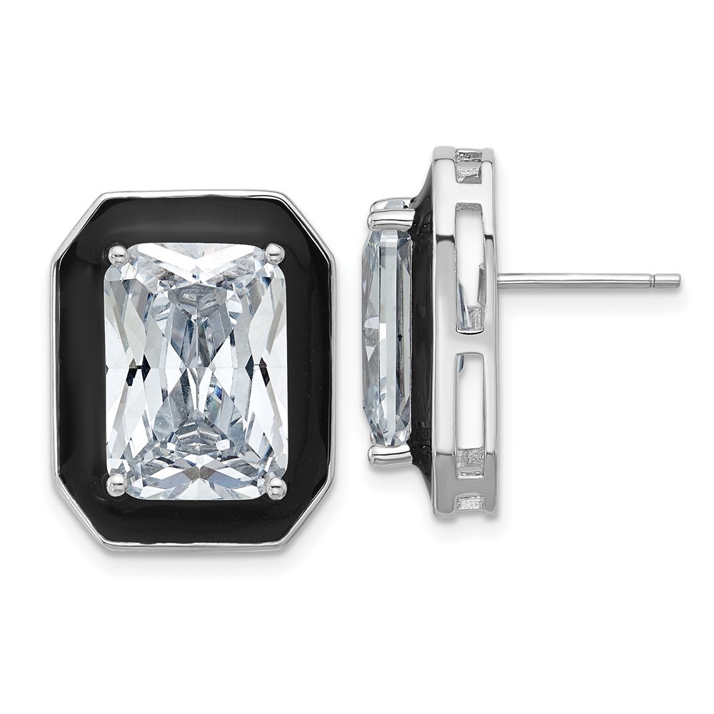 925 Sterling Silver Polished Black Enamel And Emerald-Cut Cz Post Earrings